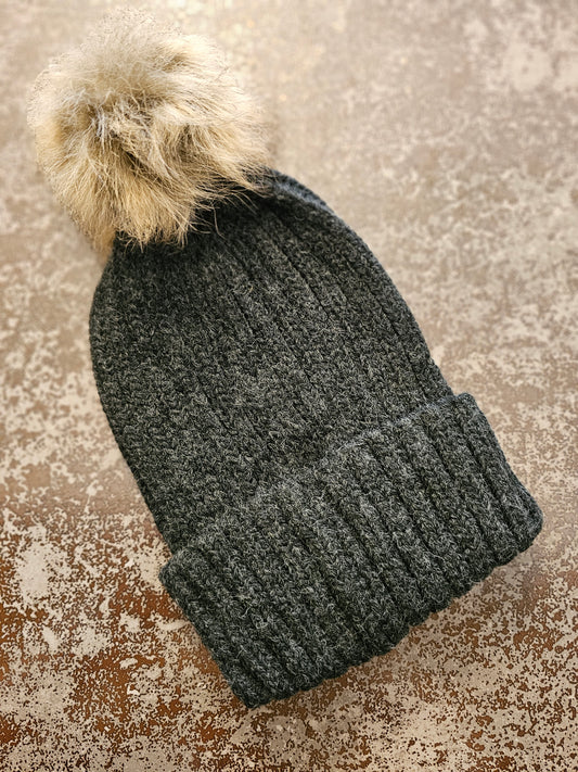 HAT00001 Faux Fur Plain Pom Pom Beanie Hat