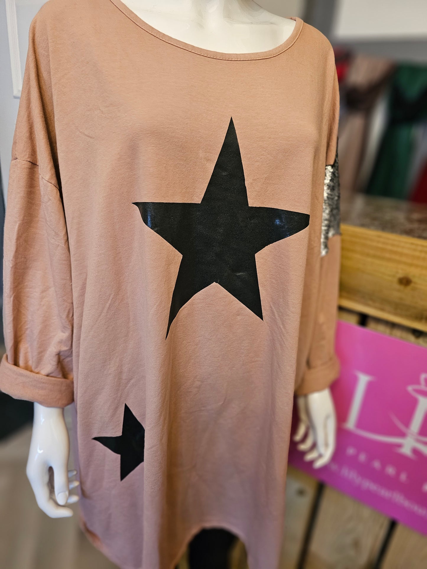 TOP00059 Oversized Star & Sequin Jersey Top