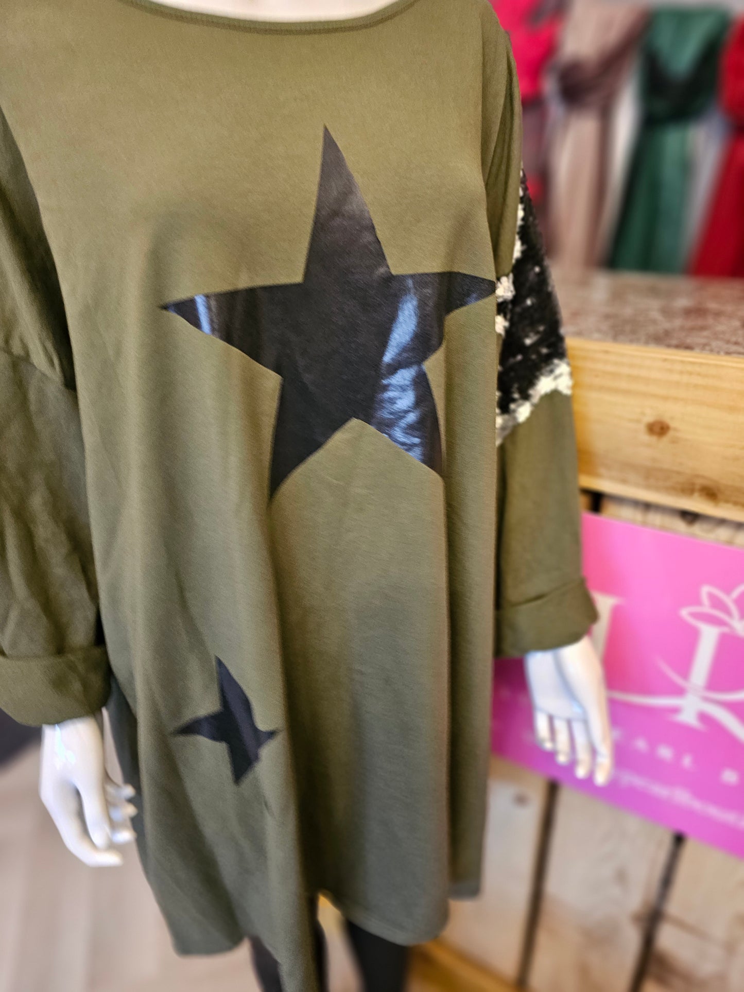 TOP00060 Oversized Star & Sequin Jersey Top