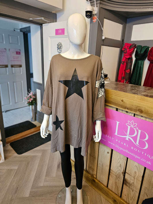 TOP00075 Oversized Star & Sequin Jersey Top