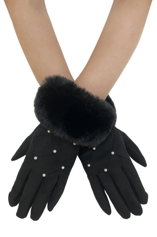 Pearl Diamond Print Faux Fur Trim Gloves