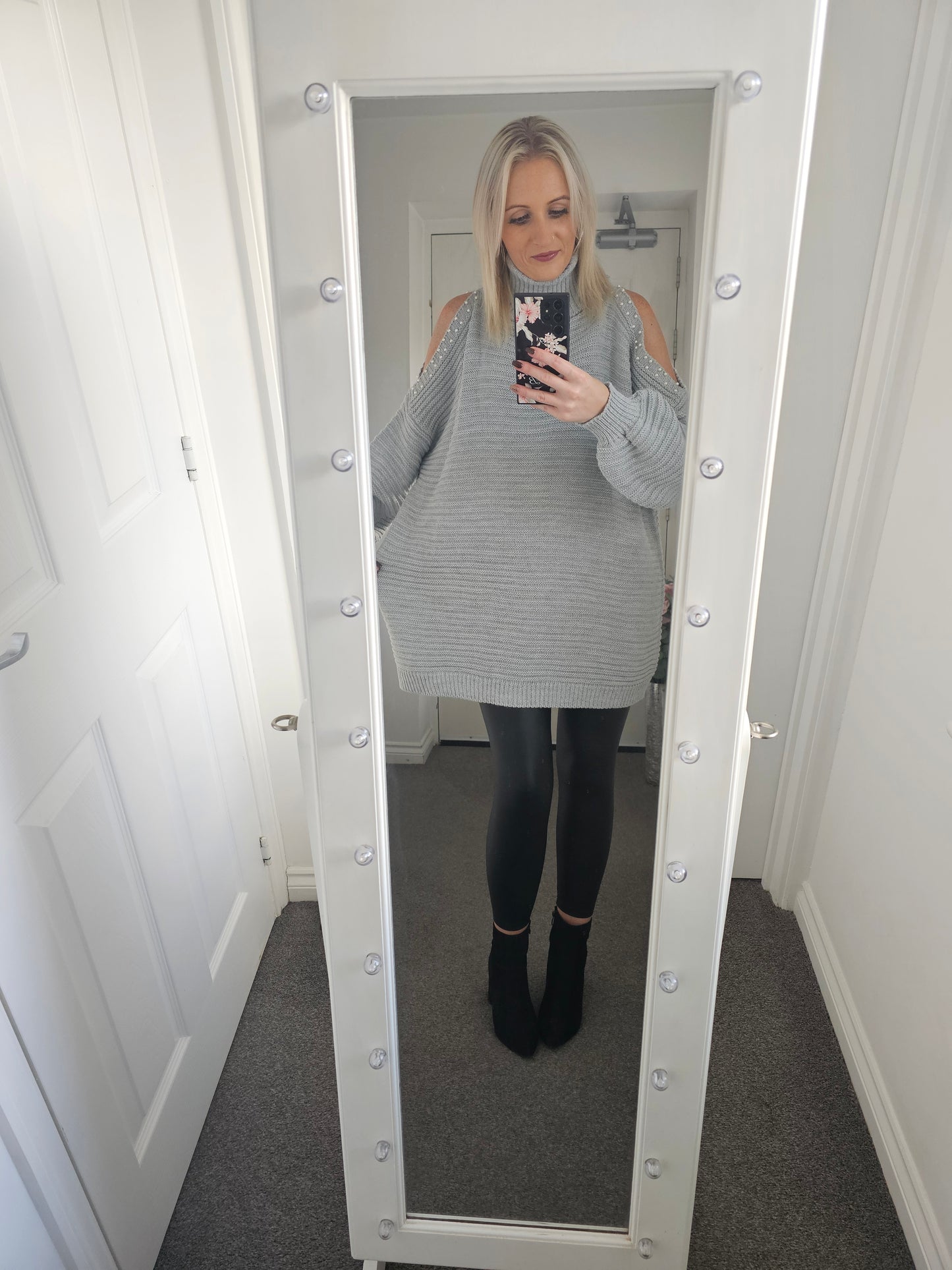 Roll Neck Pearl Open Shoulder Chunky Knit Jumper - Grey