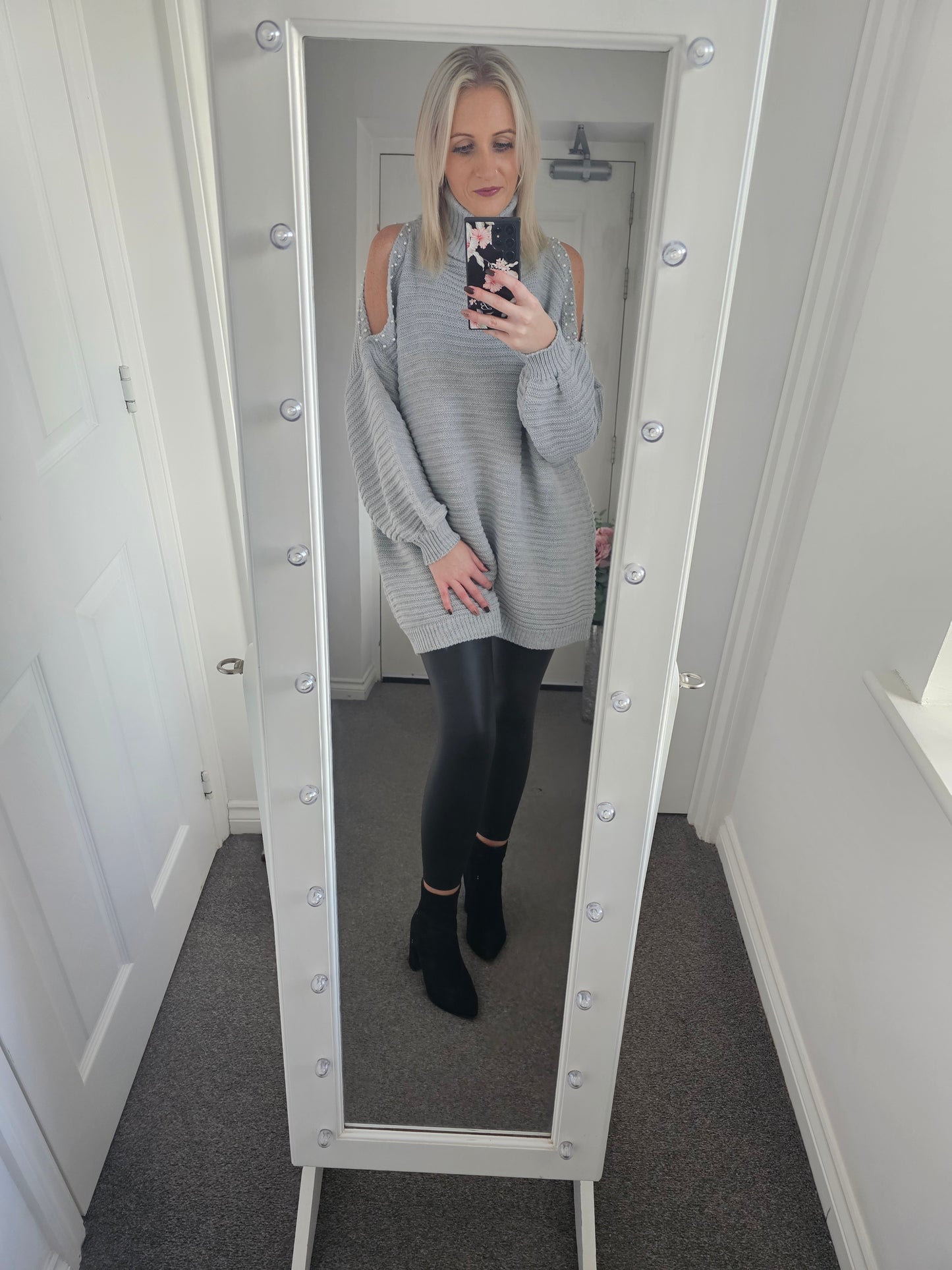 Roll Neck Pearl Open Shoulder Chunky Knit Jumper - Grey