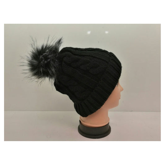 Fleece Lined Cable Knitted Hat with Pom Pom