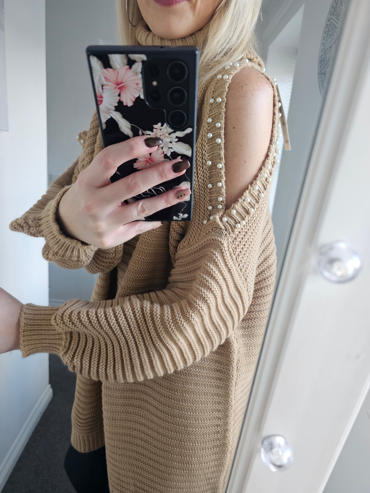 Roll Neck Pearl Open Shoulder Chunky Knit Jumper - Camel