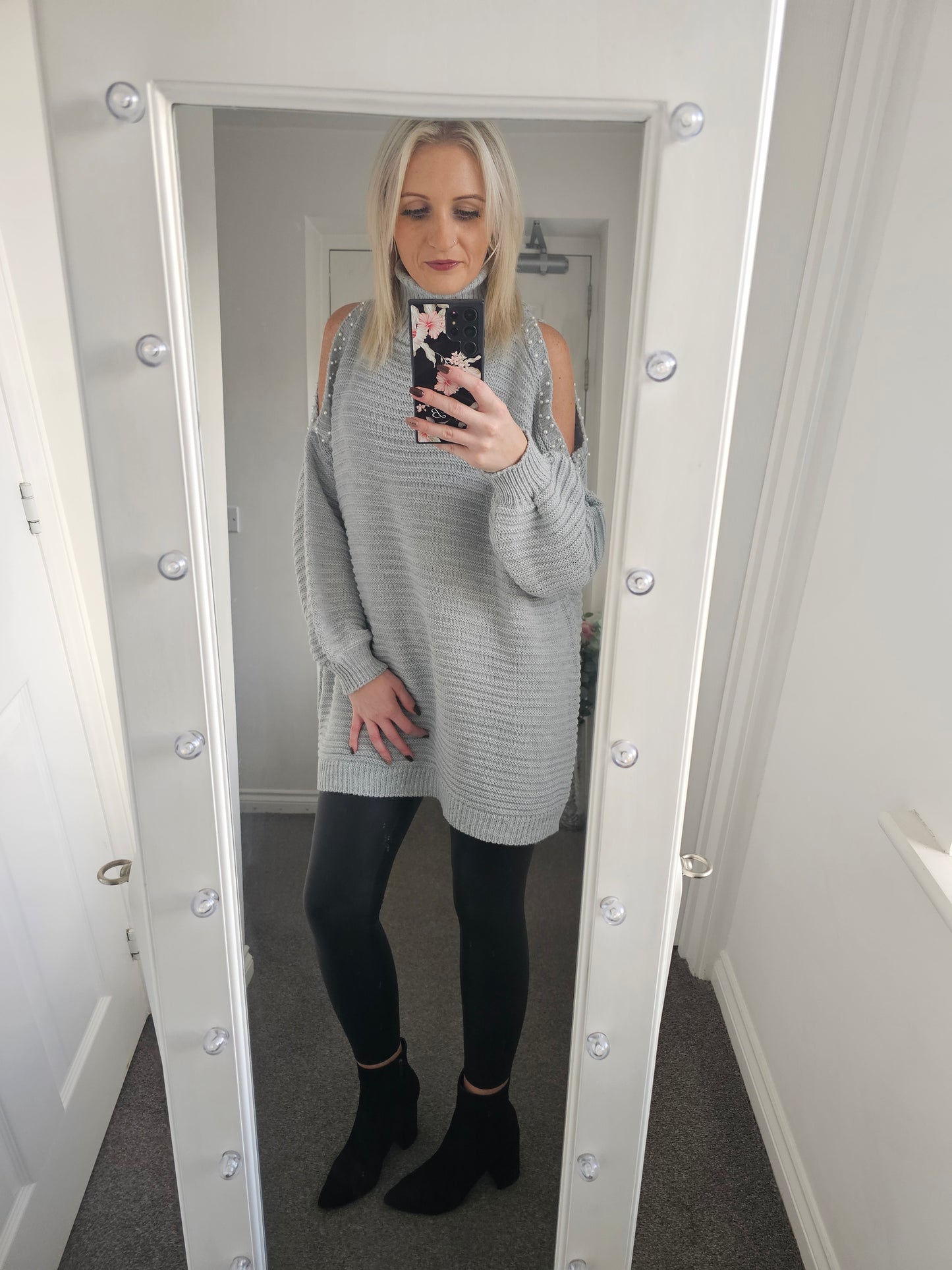 Roll Neck Pearl Open Shoulder Chunky Knit Jumper - Grey