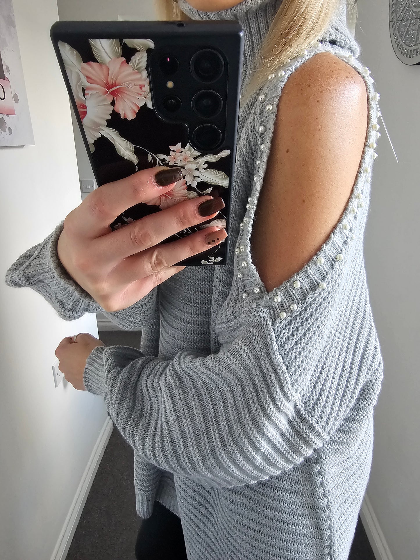 Roll Neck Pearl Open Shoulder Chunky Knit Jumper - Grey