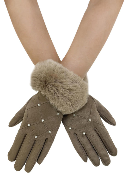 Pearl Diamond Print Faux Fur Trim Gloves