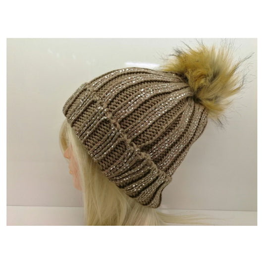 Fleece Lined Silver Dotted Knitted Hat with Pom Pom