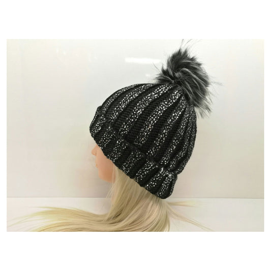 Fleece Lined Silver Dotted Knitted Hat with Pom Pom