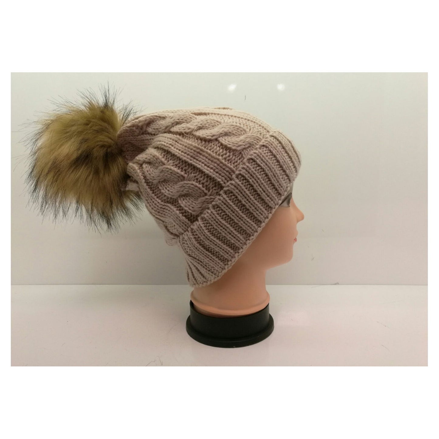 Fleece Lined Cable Knitted Hat with Pom Pom