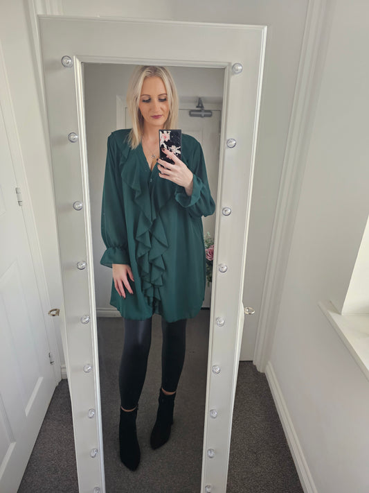 Frill Front LongLine Blouse - Bottle Green