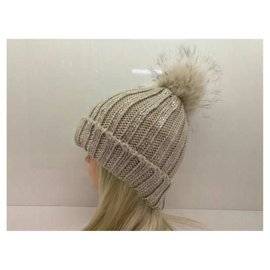 Fleece Lined Silver Dotted Knitted Hat with Pom Pom