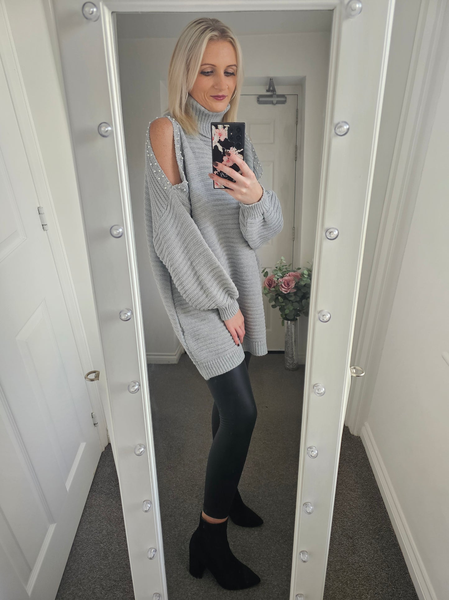 Roll Neck Pearl Open Shoulder Chunky Knit Jumper - Grey